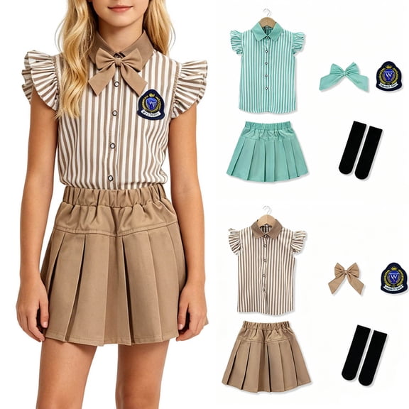 Girls All-In-One 5-Piece School Set, Striped Ruffle Top & Pleated Skirt with Bow, Badge & Socks for 2-15 Years Old, Ready-to-Wear Outfit Khaki 14 Years
