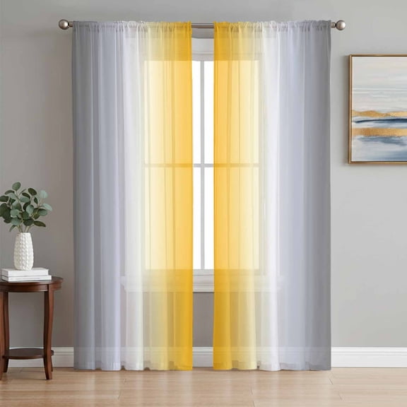Orange Grey White Semi Sheer Curtains 84 Inch Length 2 Panels Set, Farmhouse Ombre Color Modern Simple Sheer Kitchen Curtain Privacy Voile Window Curtain for Living Room Bedroom Rod Pocket Drapes