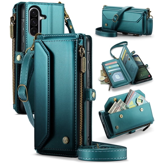 CaseMe Leather for Samsung Galaxy A36 6.7" Case Wallet【RFID Blocking】with 10-Card Holder Zipper Bills Slot, Soft PU Leather Magnetic Shoulder Wrist Strap for Samsung Galaxy A36 6.7" Wallet Case Women
