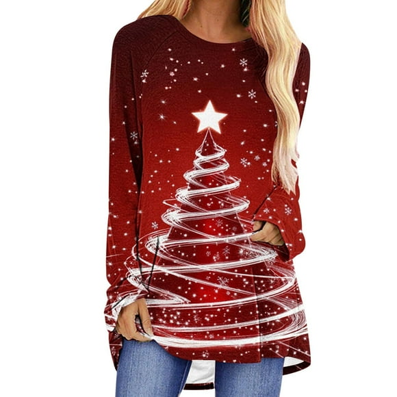 biudgviw Christmas Long Sleeve Shirts for Women Print Crew Neck Tunic Tops Comfy Soft Curved Hem Blouses Festival Party Outfits