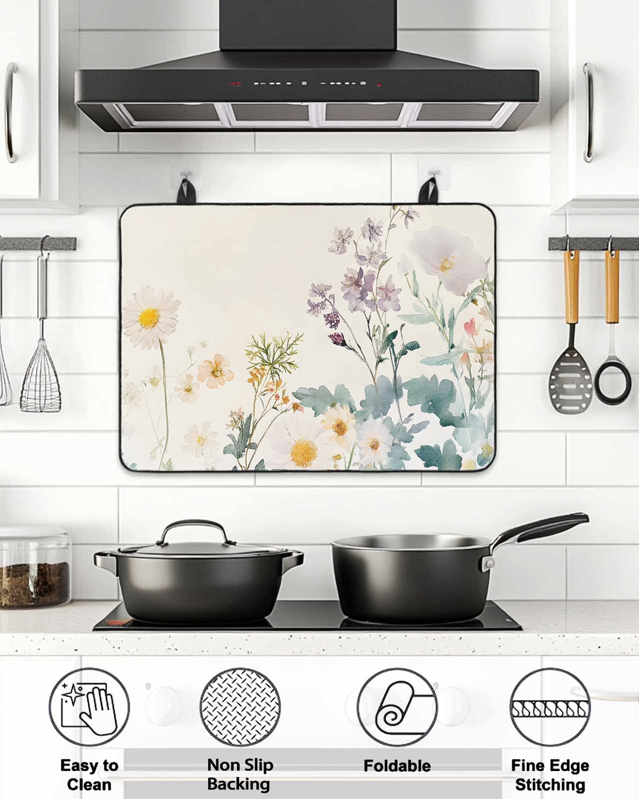 Stove Top Covers for Electric Stove, Watercolor Spring Floral Glass Stovetop Cover Protector, Farmhouse Daisy Green Botanical Induction Cooktop Protector Oven Mat for Kitchen Countertop 24"x21"