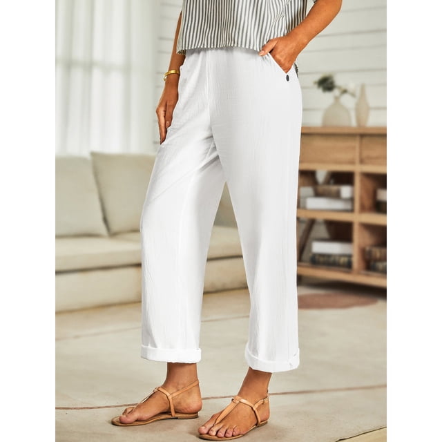 TaTaai Spring Summer Solid Color Wide Leg Pants for Women Casual Linen Feel Elastic Waist Loose Straight Trousers with Pockets Comfy Daily Office Vacation Wear Gift