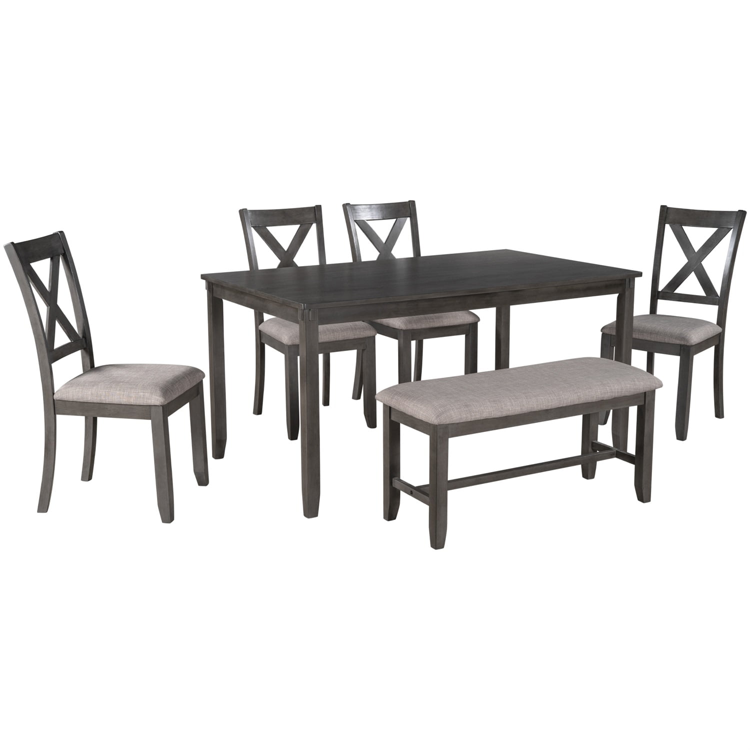 Kadyn 6-Piece Kitchen Dining Table Set Wooden Rectangular Dining Table, 4 Fabric Chairs and Bench Family Furniture (Grey)