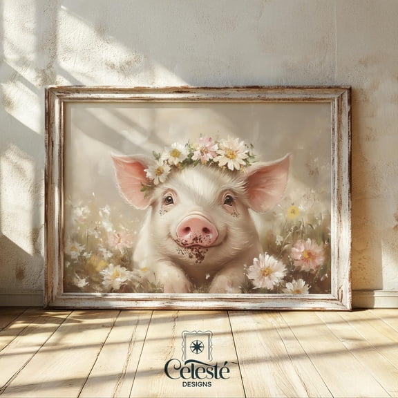 Daisy Crown Piglet Print, Whimsical Farmhouse Decor Home Decor #768, 8x12 UNFRAMED