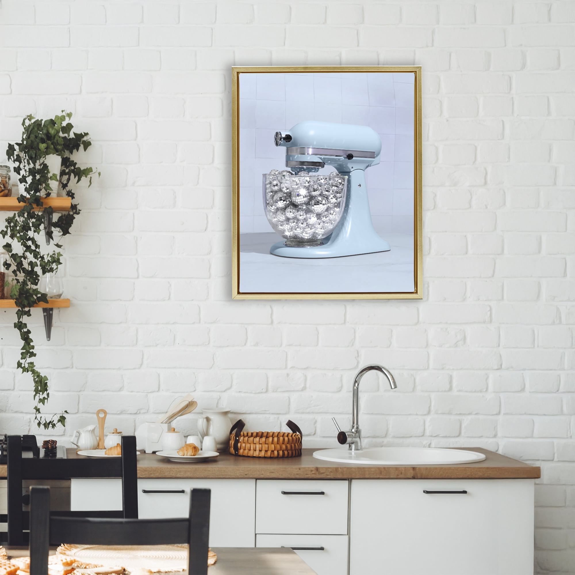 Stupell Industries Disco Kitchen Mixer over Blue Gold Framed Floater Canvas Wall Art, design by LISH Creative