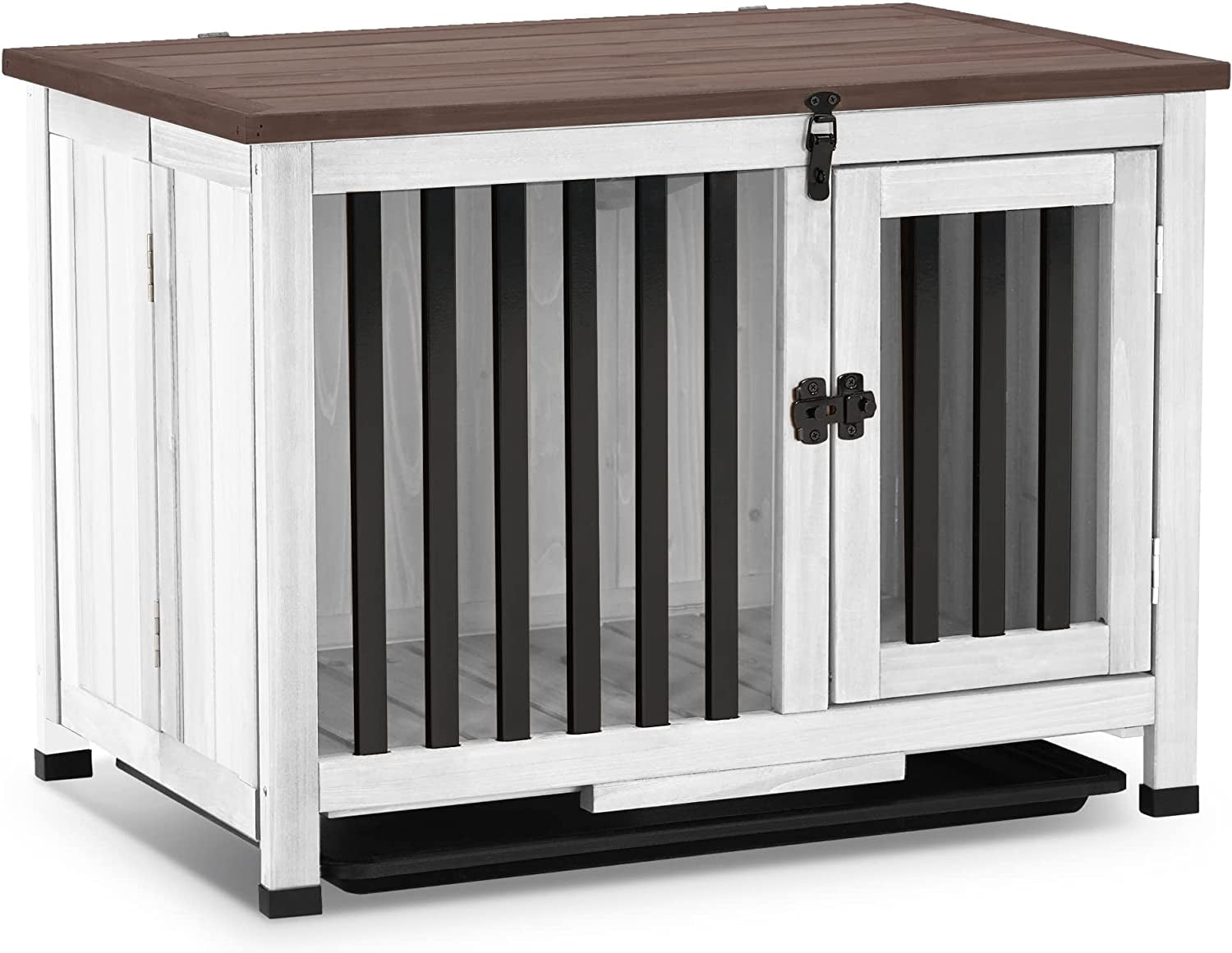 Small White and Brown Wooden Dog Crate End Table