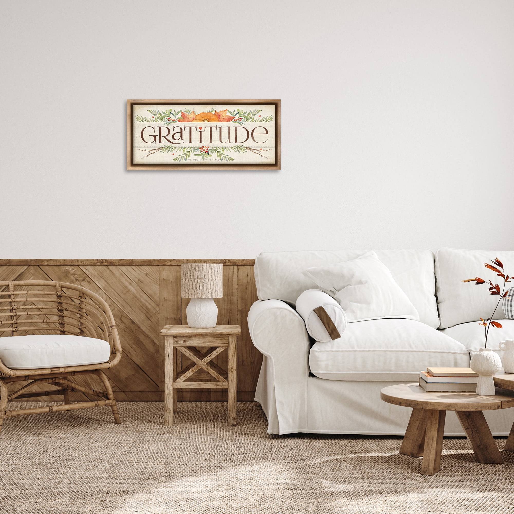 Stupell Industries Seasonal Gratitude Floral Leaves Typography Painting Brown Floater Framed Canvas Art Print Wall Art, 25 x 11