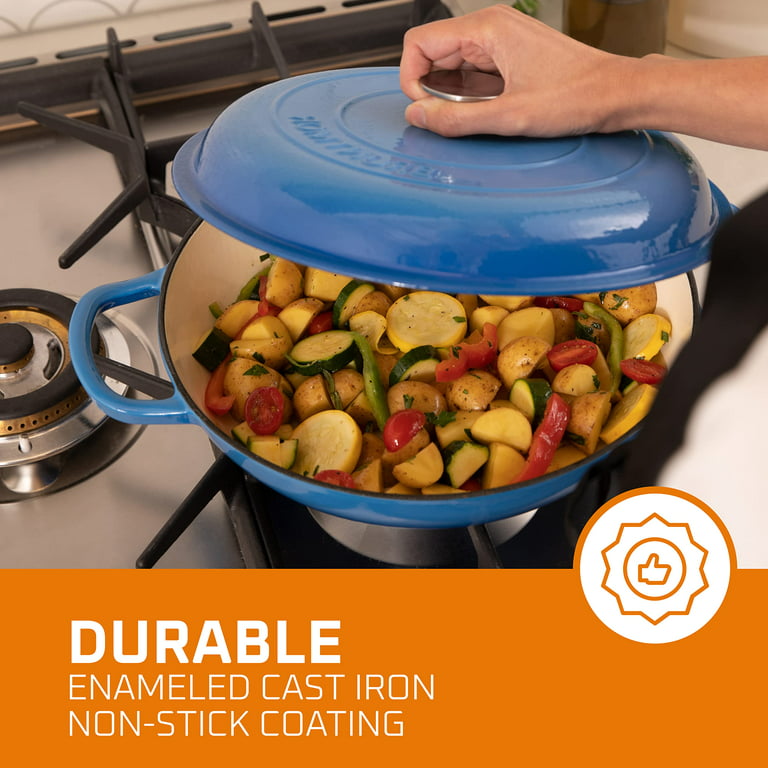 Bruntmor 3.8 Quart Enamel Cast Iron Dutch Oven With Handles And Lid, 3.8 Qt  Black Cast Iron Skillet, Enamel Shallow Cookware Braising Pan For