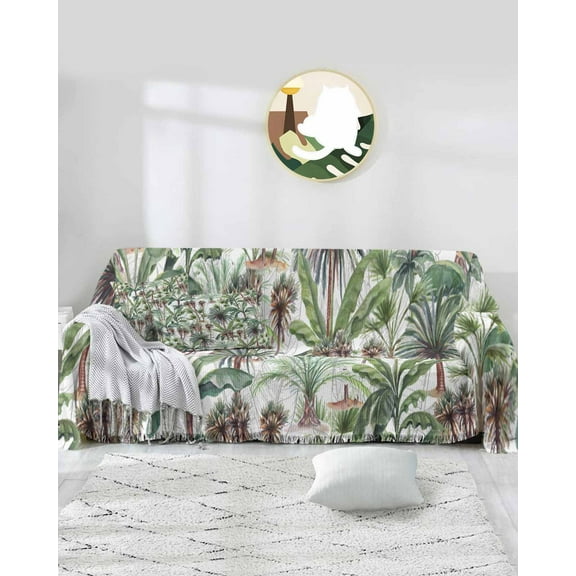 Green Palm Leaves Sofa Covers for 3 Cushion Couch,Washable Sectional & L Shape Couch Covers for Dog/Cat/Kids,Tropical Tree Summer Beach Plant Non Slip Sofa Slipcover Tassel Futon Cover 71''x150''