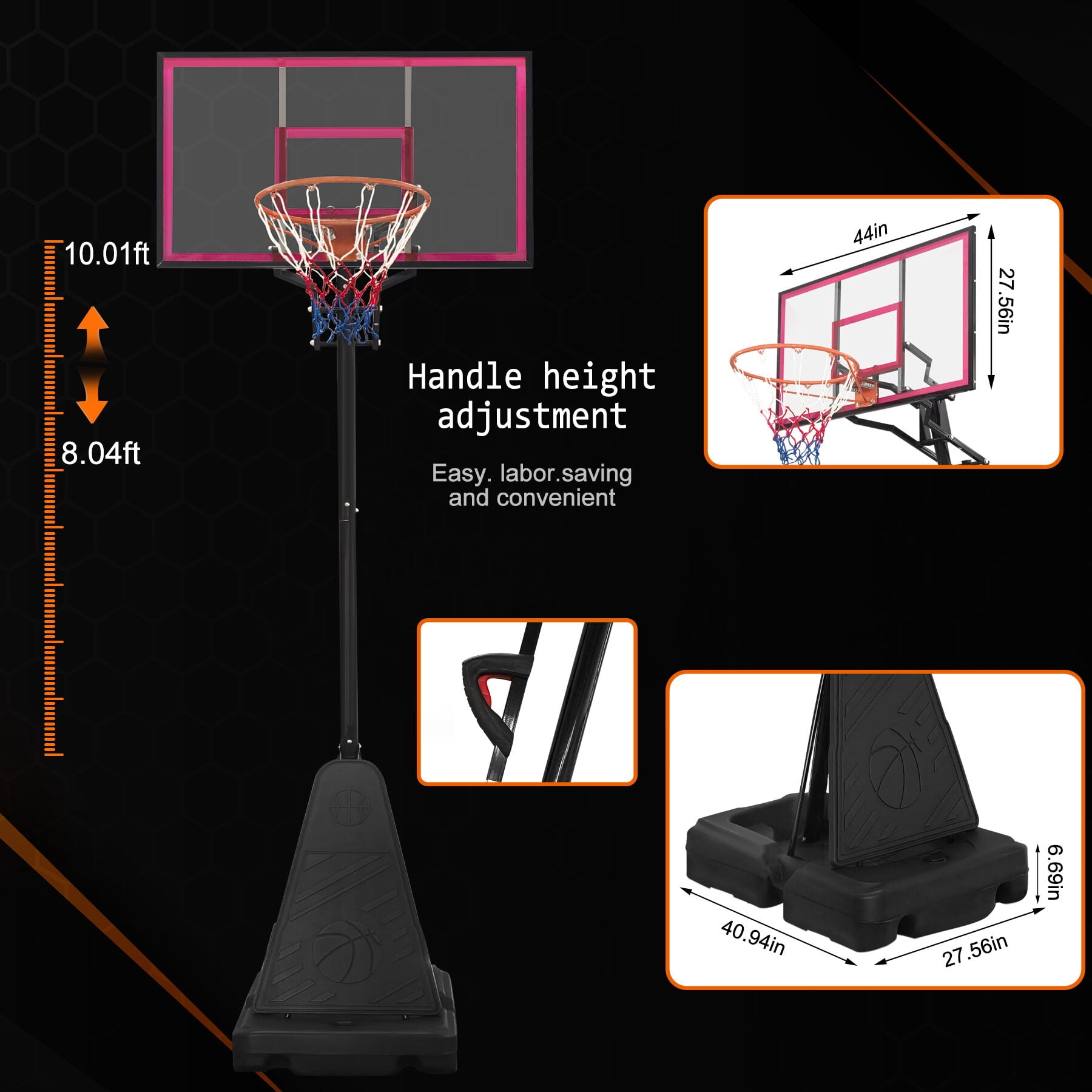 Outdoor Basketball Hoops Portable Basketball Hoop for Youth Adults & Professional Match,Adjustable Height 8.04 ft to 10.01 ft,44 inch Backboard with Rebound System, Indoor/Outdoor Basketball Goal wit
