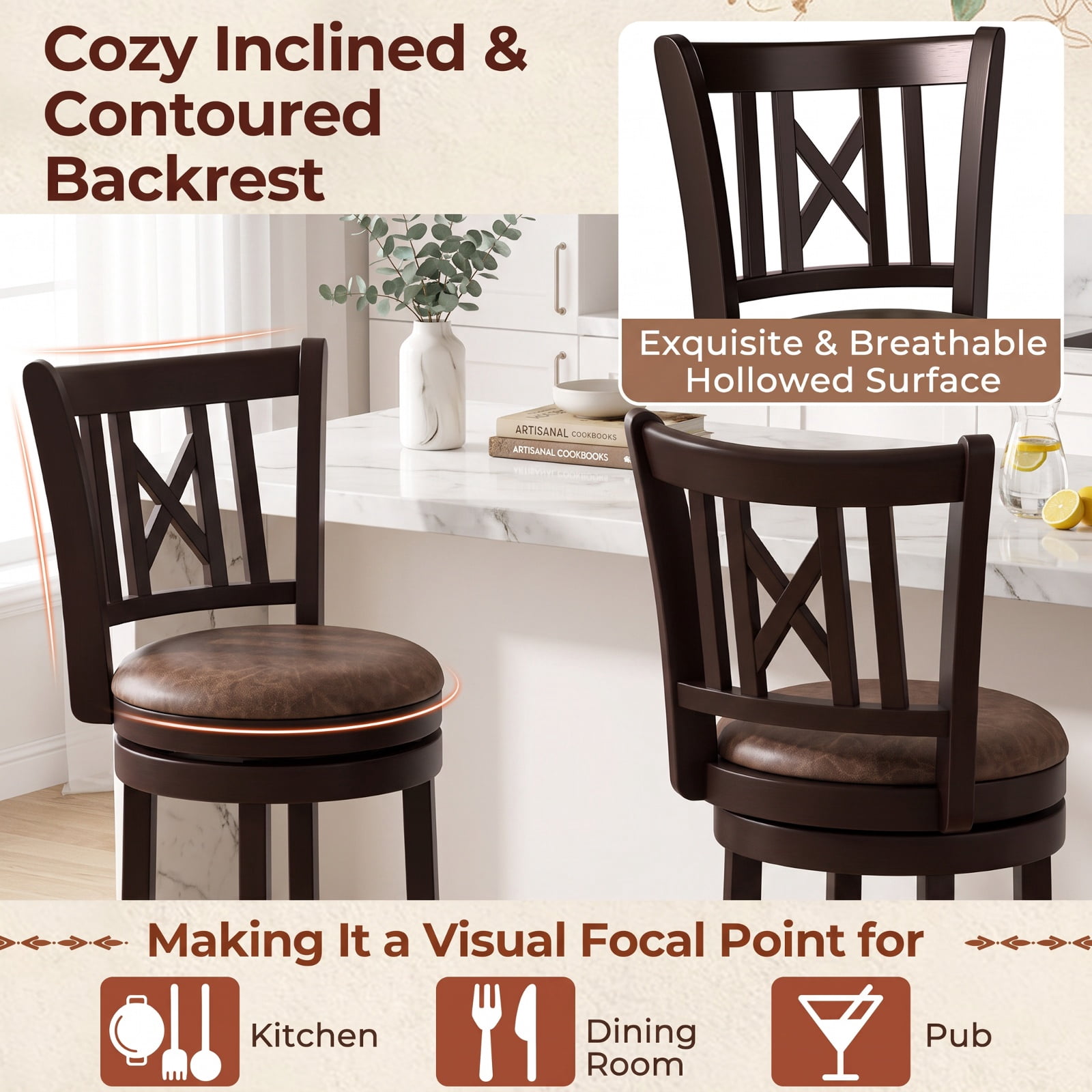 Furnibear Set of 2 Bar Stools Swivel Bar Chairs with Footrest and Hollowed Backrest-30 inches for Kitchen Island Counter Bar Pub Dining Home, Coffee