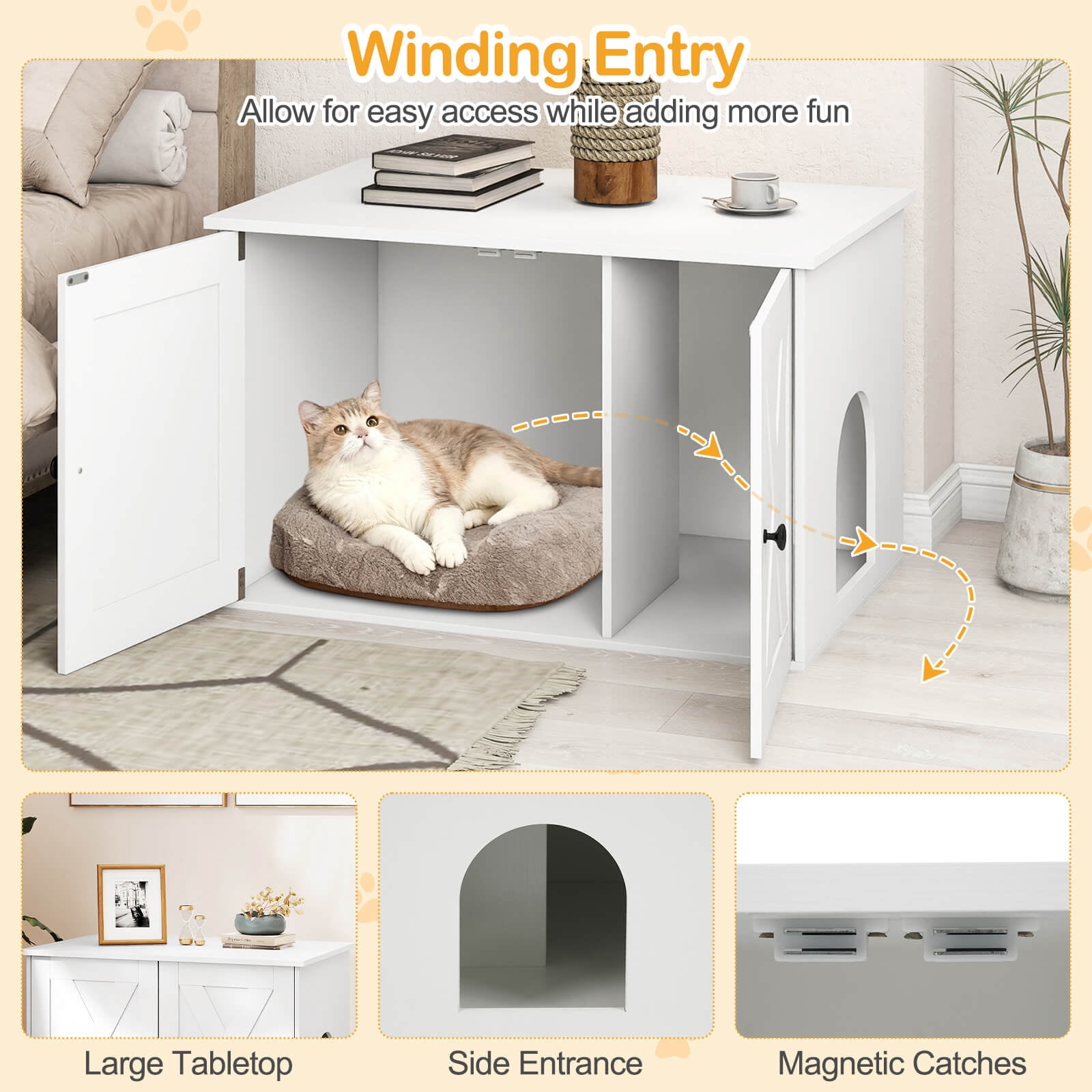 Costway Hidden Cat Litter Box Enclosure Furniture with Divider for Living Room Bedroom White