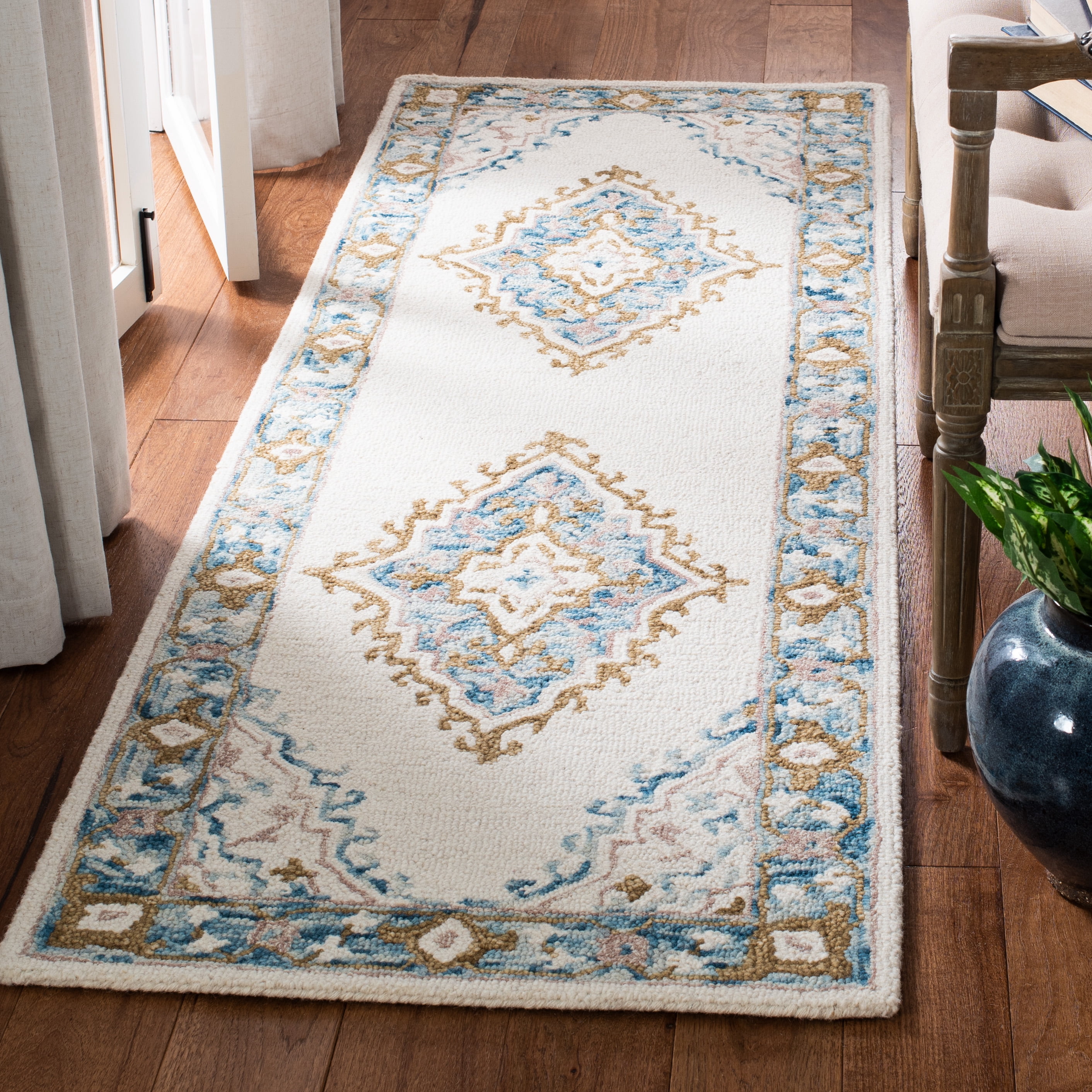 SAFAVIEH Micro-Loop Byron Geometric Striped Runner Rug, Ivory/Blue, 2'3" x 7'