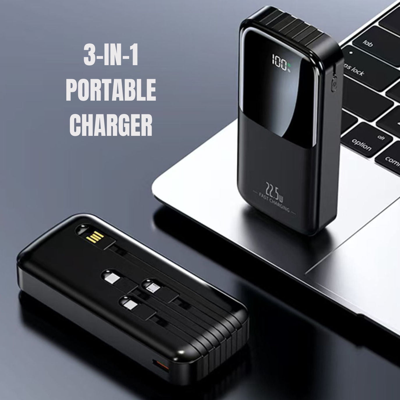 Entronix 3-in-1 Power Bank with Built-In Cables, 20000 mAh Portable Charger 22.5W Digital Display, Black