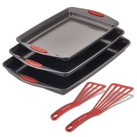 Rachael Ray Nonstick Bakeware Cookie Pan Set  5-Piece  Gray with Red Silicone Grips