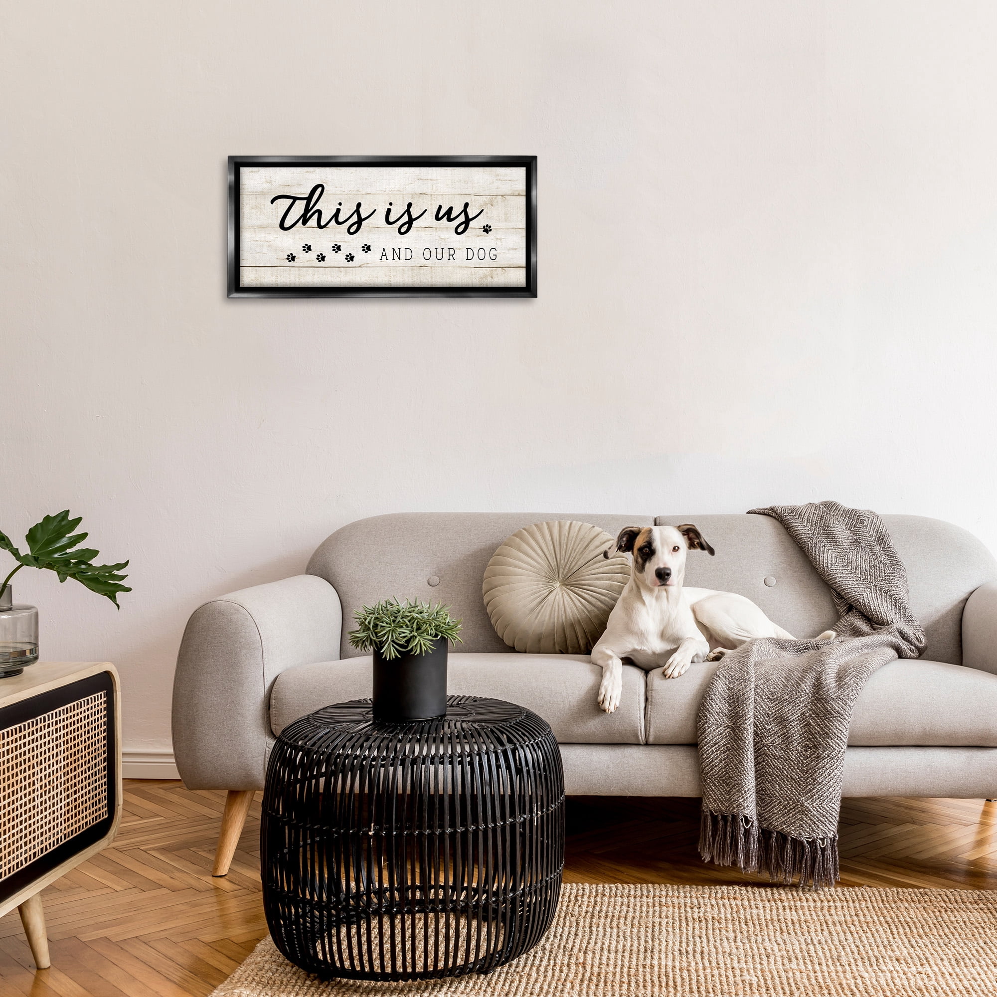 Stupell Industries This Is Us & Our Dog Phrase Inspirational Painting Black Floater Framed Canvas Art Print Wall Art, 31 x 14