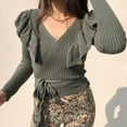 thumbnail image 4 of Fesfesfes Women Sweaters Summer Casual Loose Full-Sleeve Solid V Neck Ruffles Bandage Blouse Knitted Sweater Plus Size Clearance $10, 4 of 6