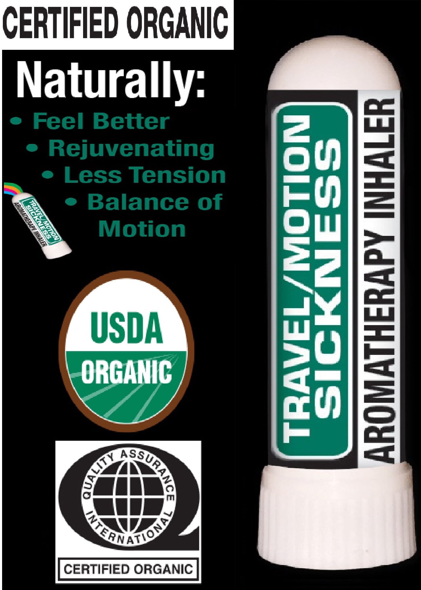 Nasal Inhaler Aromatherapy Travel/Motion - USDA Certified Organic - International Quality Assurance - 100% Pure Therapeutic Grade Organic Essential Oils 0.7 mL by Prevenage Made in USA / Fast Shipping