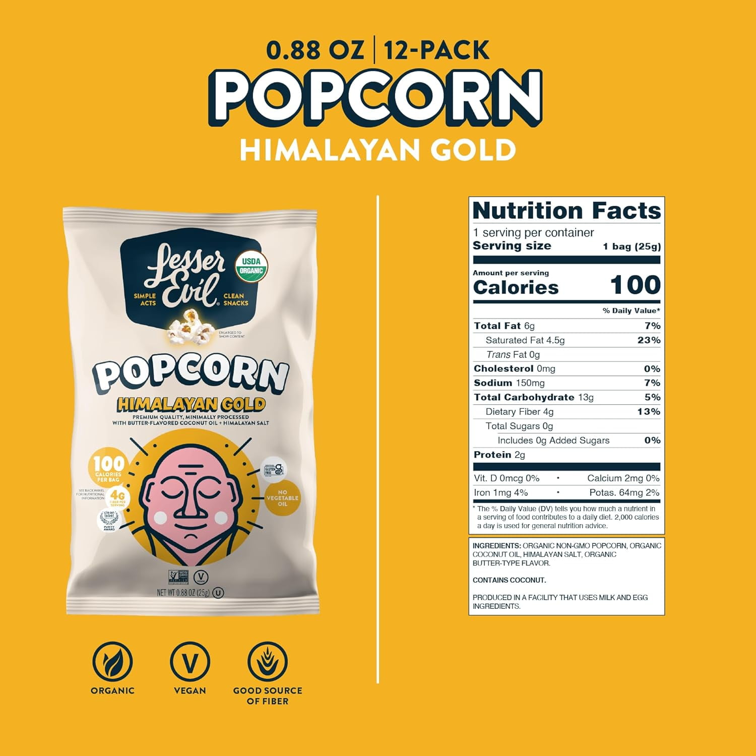 Pack of 18, Lesser Evil Himalayan Gold Organic Butter Flavor Popcorn, 0.88 oz