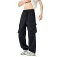 thumbnail image 4 of YLSDY Flat Pocket Parachute Pants for Men Casual Baggy Cargo Pants Unisex Street Y2K Pants Drawstring Trouser Black L, 4 of 4