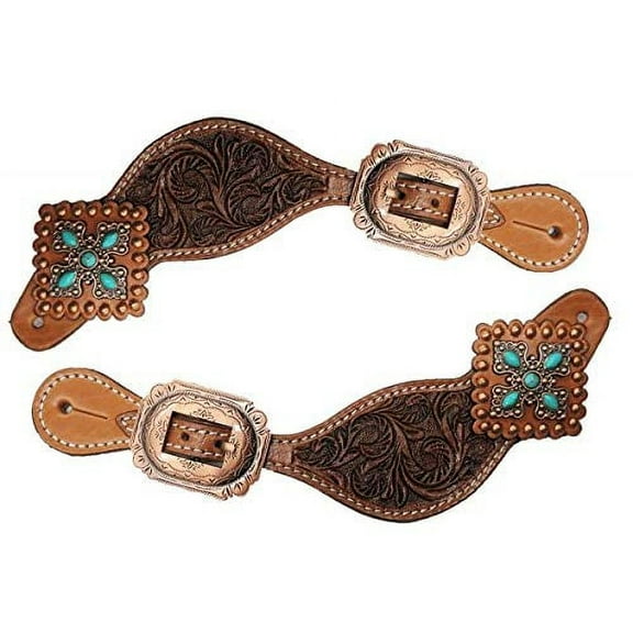 Showman Ladies Tooled Leather Spur Straps w/ Vintage Turquoise Stone Conchos