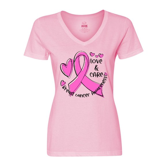 Inktastic Love, Care, Cure Breast Cancer Awareness Pink Ribbon Women's V-Neck T-Shirt