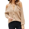 thumbnail image 1 of Suéter con hombros descubiertos para mujer, cuello en V, elegante, a la moda, con botones amigables con la piel, suéter de punto para mujer, color caqui M, 1 of 6