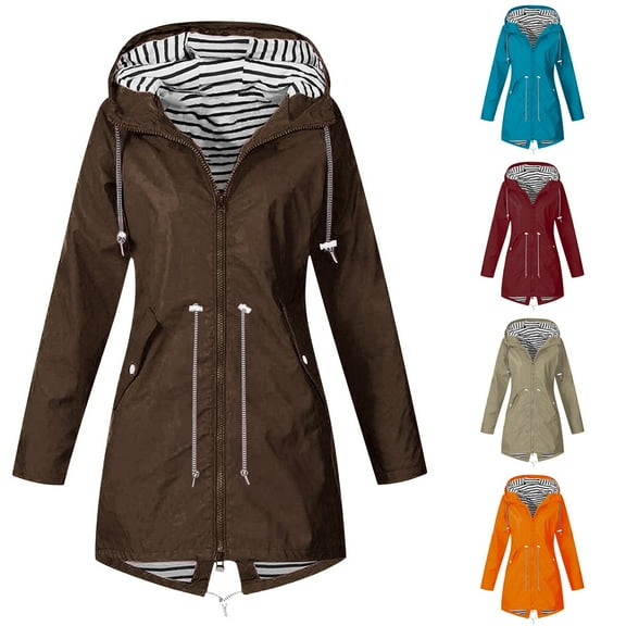 Rain Jacket Women Waterproof Lightweight Long Sleeve Raincoats with Hood Hiking Outdoor Adjustable Hooded with Pockets Womens Rain Coat Winter Windbreaker Coat BrownS