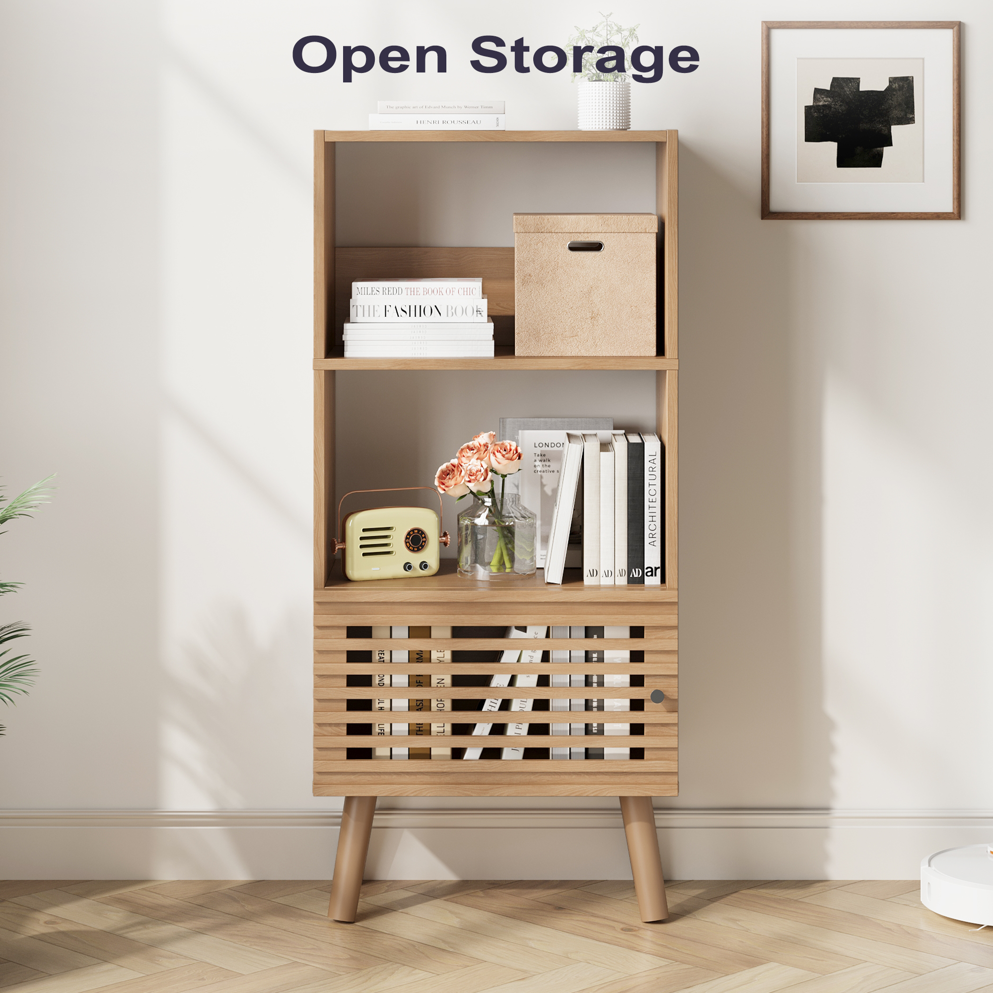 43" H Open Shelf Cube Bookshelf with Slatted Door, Mid-Century Small Bookcase with 3 Cubes, Open Shelves Display Storage Cabinet for Living Room, Home Office, Oak