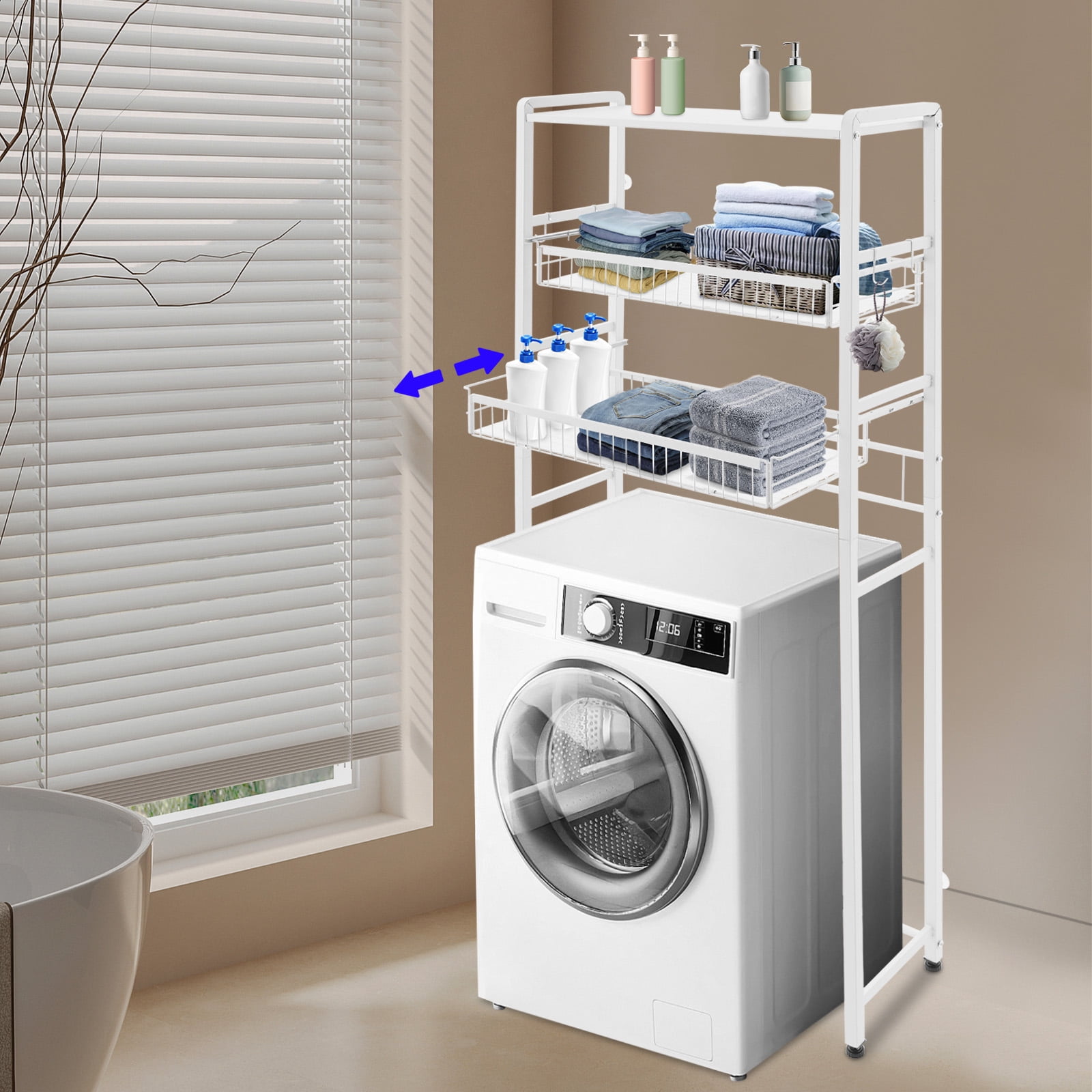White Washer Dryer Stacking Rack Stand, Dryer Storage Shelf with 3 Tiered Shelf, Space Saver Shelving Units Freestanding Closet Organizer Storage with Hooks