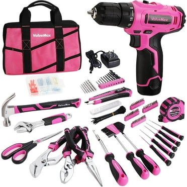 ValueMax Home Tool Kit with Drill, 233-Pieces Pink Tool Set with Cordless Lithium-ion Drill, Power Tool Set with Wide Mouth Open Storage Bag, Basic Drill Sets Combo Kit for DIY and Daily Repair