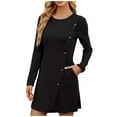 thumbnail image 4 of Clearance under 10 Long Sleeves Dresses, Women's Casual Solid Color Knitted Striped Round Neck Side Button Pocket Long Sleeve Dress Black, XL, 4 of 6