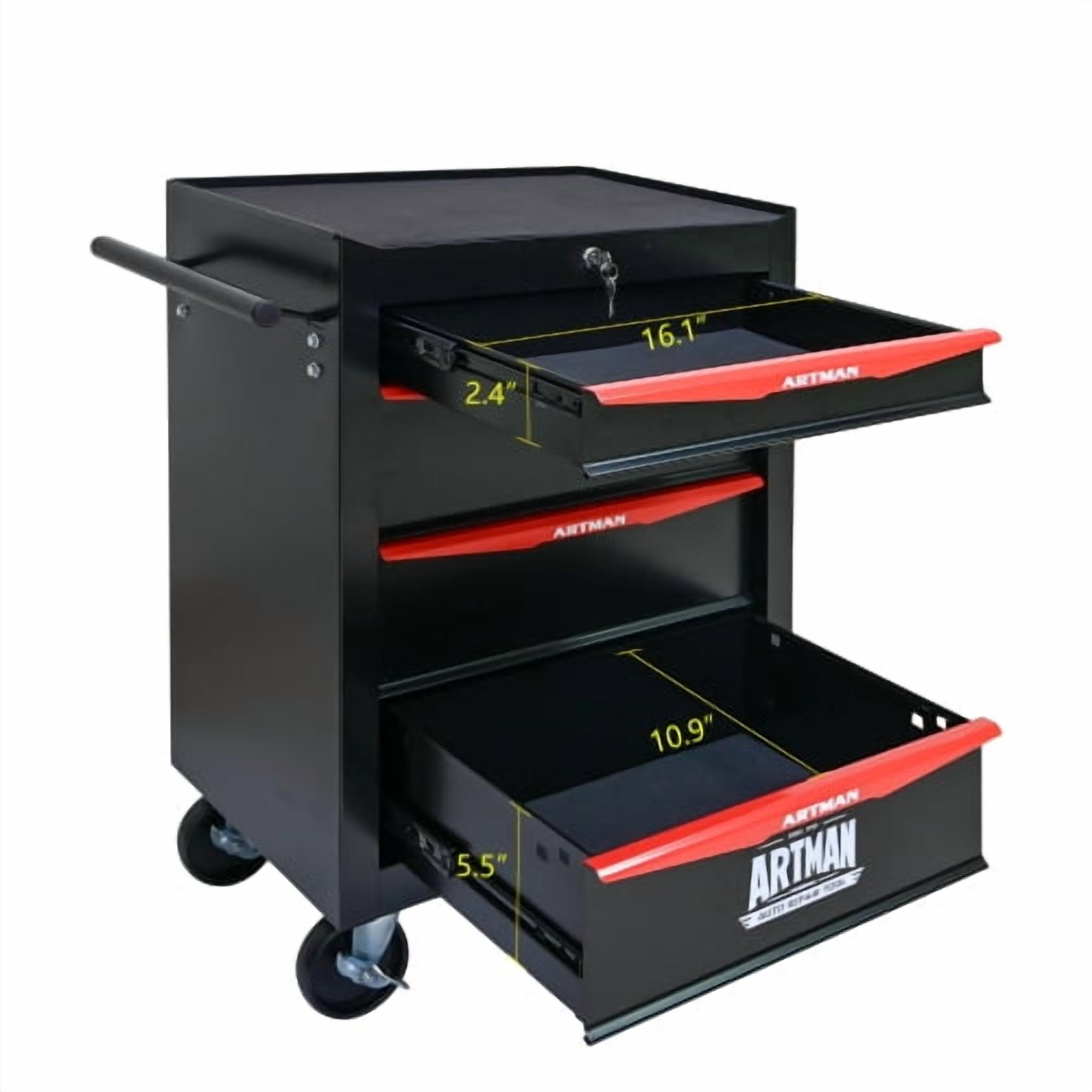 POVANLI 4 Drawer Portable Tool Box With Wheels,20" Tool Chest With Key Locking Tool Boxes/Organizers Black&Red