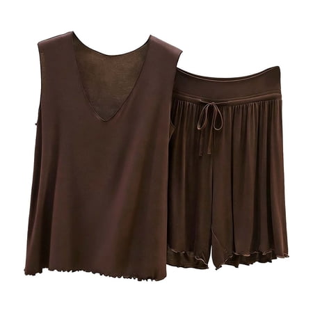Tsesme 2picec Sleepwear Set for Women V-Neck Sleeveless Tops Ruffle Shorts Pajama Set Soft Comfy Loungewear Set Coffee 3XL