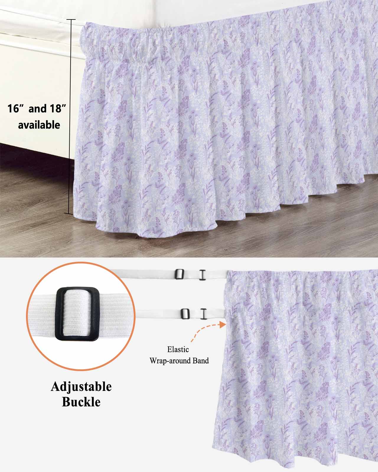Light Purple Flowers Bed Skirt Queen Size 16 Inch Drop, Spring Lavender Floral Leaf Botanical Adjustable Elastic Dust Ruffles Bedskirt for Queen Bed Wrap Around Pleated Mattress Frame Cover