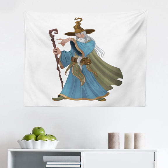 Wizard Tapestry, Old Cartoon Wizard with Spell Book Potions and Staff Friendly Wise Sorcerer, Fabric Wall Hanging Decor for Bedroom Living Room Dorm, 2 Sizes, Multicolor, by Ambesonne