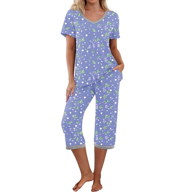 Puntoco Pijamas para mujer Conjunto de pijama y pantalón de manga corta con cuello en V para mujer Pijamas casuales con bolsillos