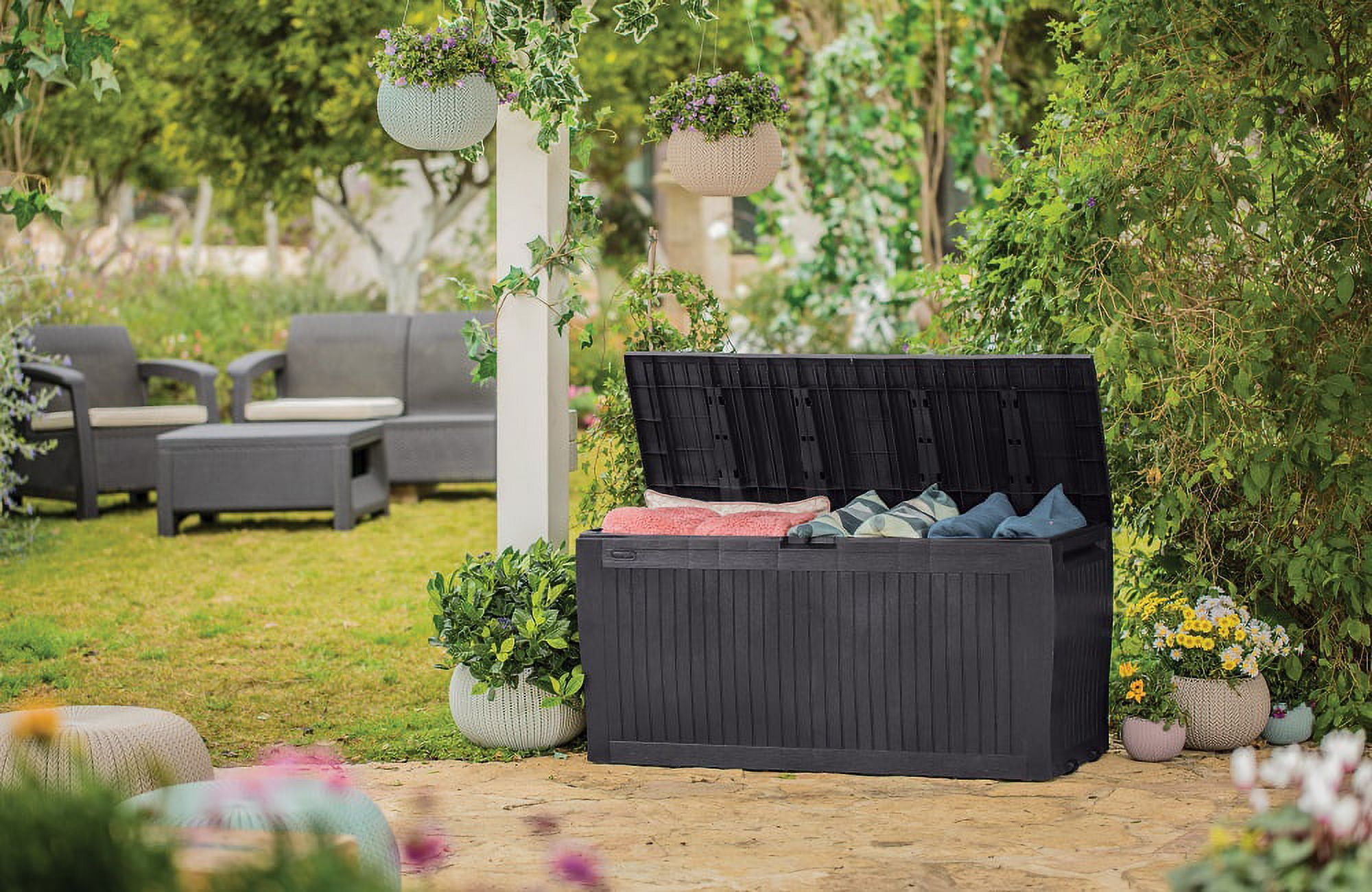 Keter Comfy 71 Gallon Durable Weatherproof Resin Deck Box Organization and Storage for Outdoor Patio and Lawn, Anthracite Gray