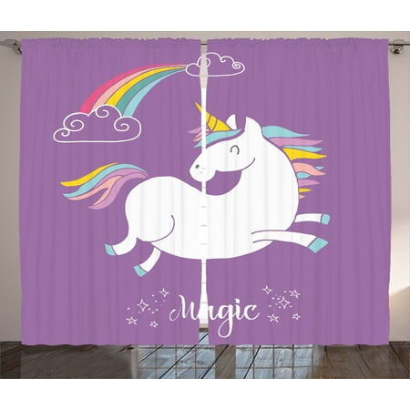 Unicorn Home And Kids Decor Curtains 2 Panels Set Mythical Animal With Clouds And Rainbow Figure Fairy Image Window Drapes For Living Room Bedroom