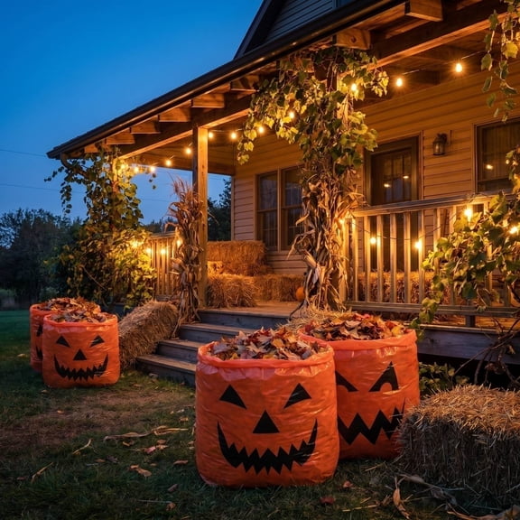 Gomind Halloween Pumpkin Lawn Bags, Orange Leaf Trash Bag with Jack-O'-Lantern Face, Outdoor Yard Lawn Decor