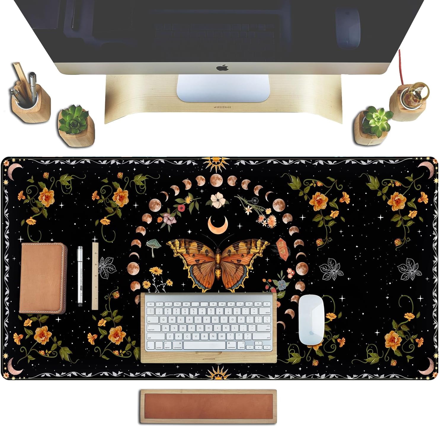 Moth Desk Pad Mushroom Phase Moon Phase Desk Mat, Boho Flowers and Leaves Computer Big Mouse Pad Washable Cloth Non-Slip Rubber Base Keyboard Pad Mouse Mat for Office with Stitched Eges 31.5x15.7 in