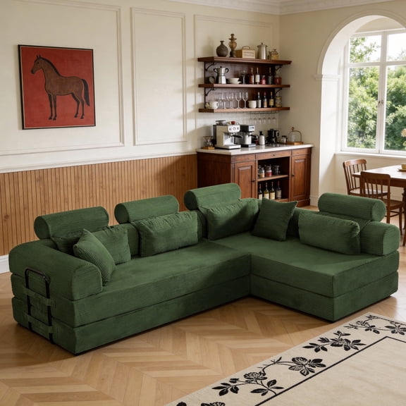 L shape Modular Sectional Sofa Couch , 4 Seat Compressed Sectional Sofa Modern Minimalist Style Corduroy Sofa Couch,Unfold into a bed for Living Room, Apartment, No Assembly Required, Green