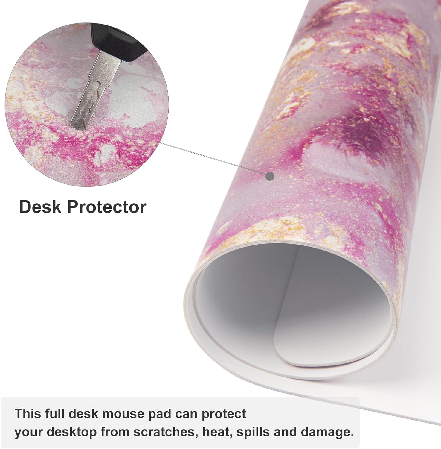 Large Mouse Pad, Cute Pink Desk Mat for Desktop, Women Girls PU Leather Waterproof Gaming, Rose Gold Marble Computer PC Laptop Protector Writing Pads for School Office Home 31.5" x 15.7"