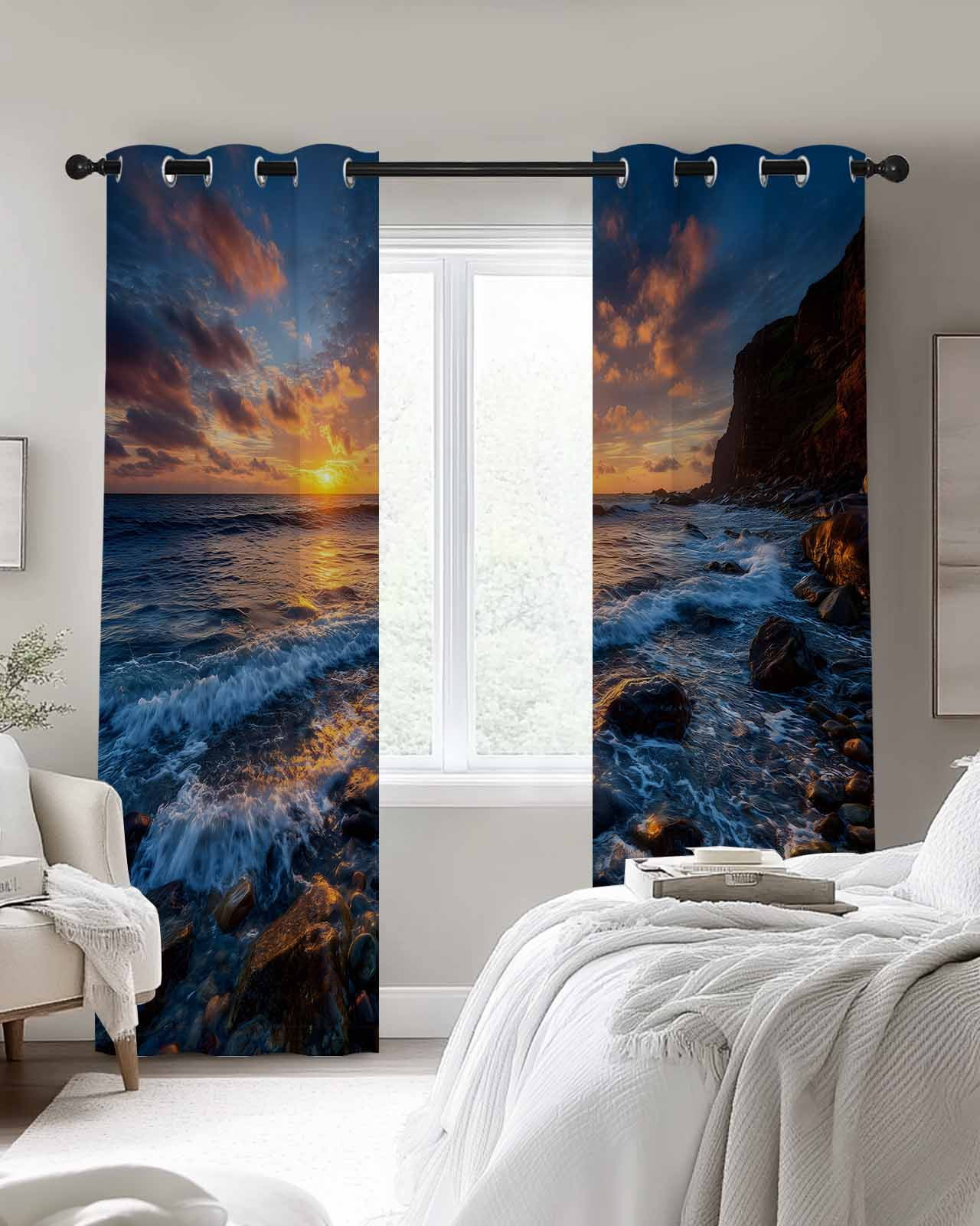 Beach Reef Blackout Curtains for Bedroom Living Room, Country Sunset Ocean Waves Reef Beach 39 In Long Thermal Insulated Room Darkening Drapes Grommet Window Treatments, 27.5 x 39 In