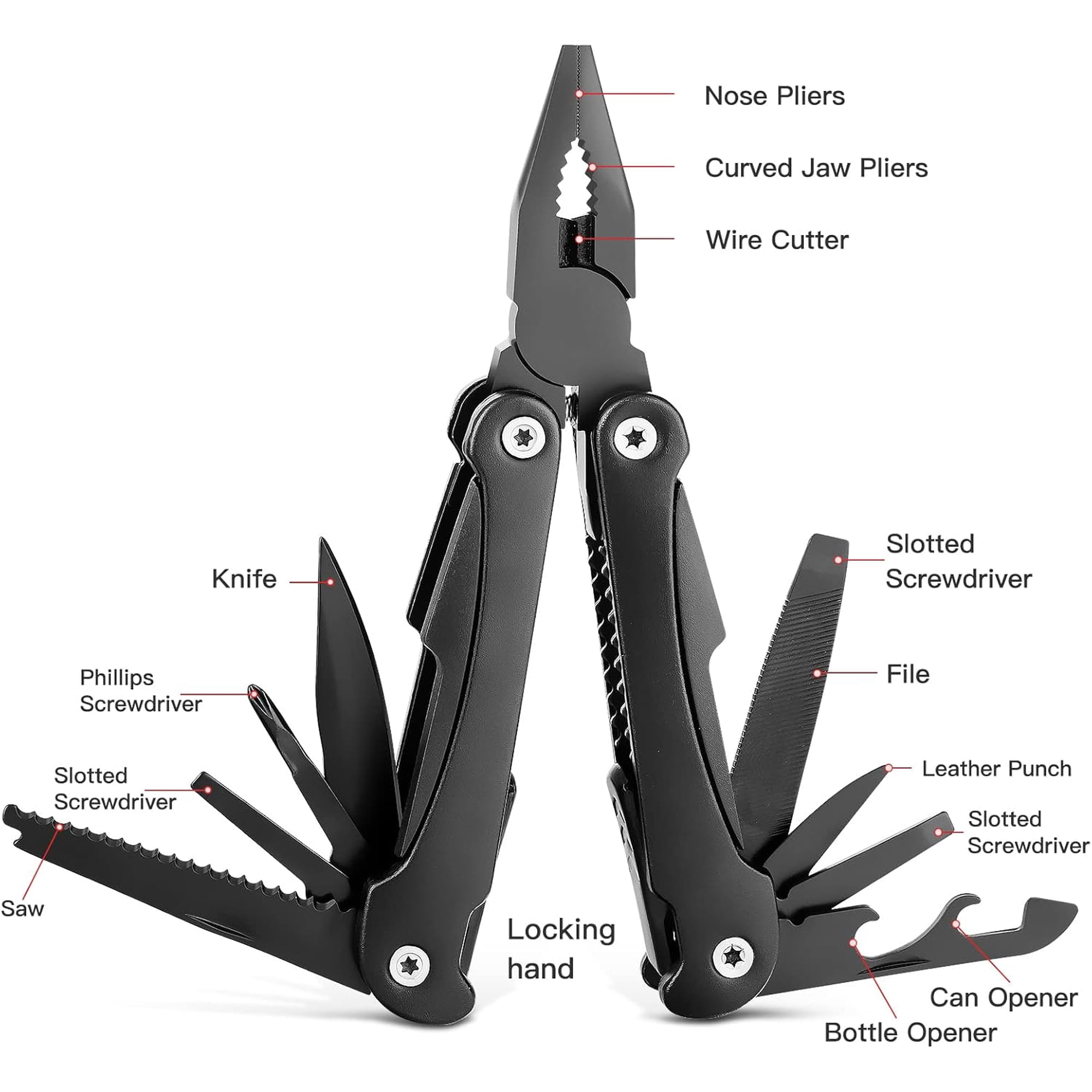 LABAKUI-14 IN 1 Multitool Pliers with Pocket Clip Portable Pocket Knife Camping Tool - Needle Nose Pliers Replaceable Wire Cutters Screwdrivers & Saw Ideal Multitool Gifts for Men Dad Husband