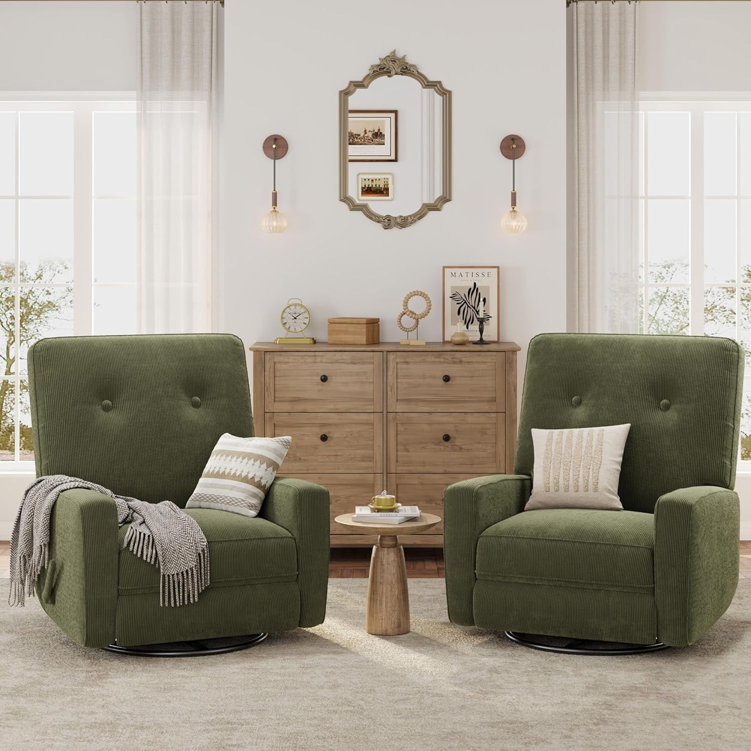 Nursery Recliner Chair, 360° Swivel Rocking Glider Chair for Adults with Adjustable Backrest & Footrest, Cozy Corduroy Upholstered Armchair for Living Rooms, Bedrooms, Apartments, Green