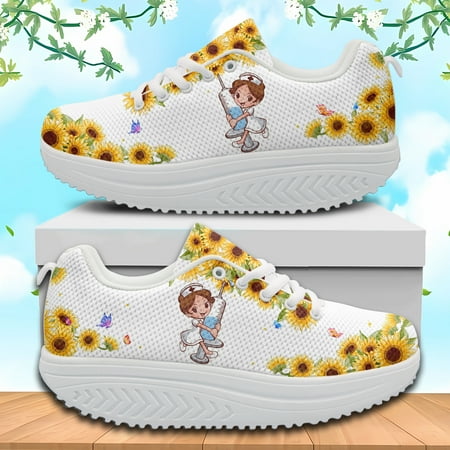 

INSTANTARTS Thick Sole Mesh Swing Sneakers Nurse Medical Assistant Print Lace-up Platform Wedge Shoes Women s Nurse Shoes