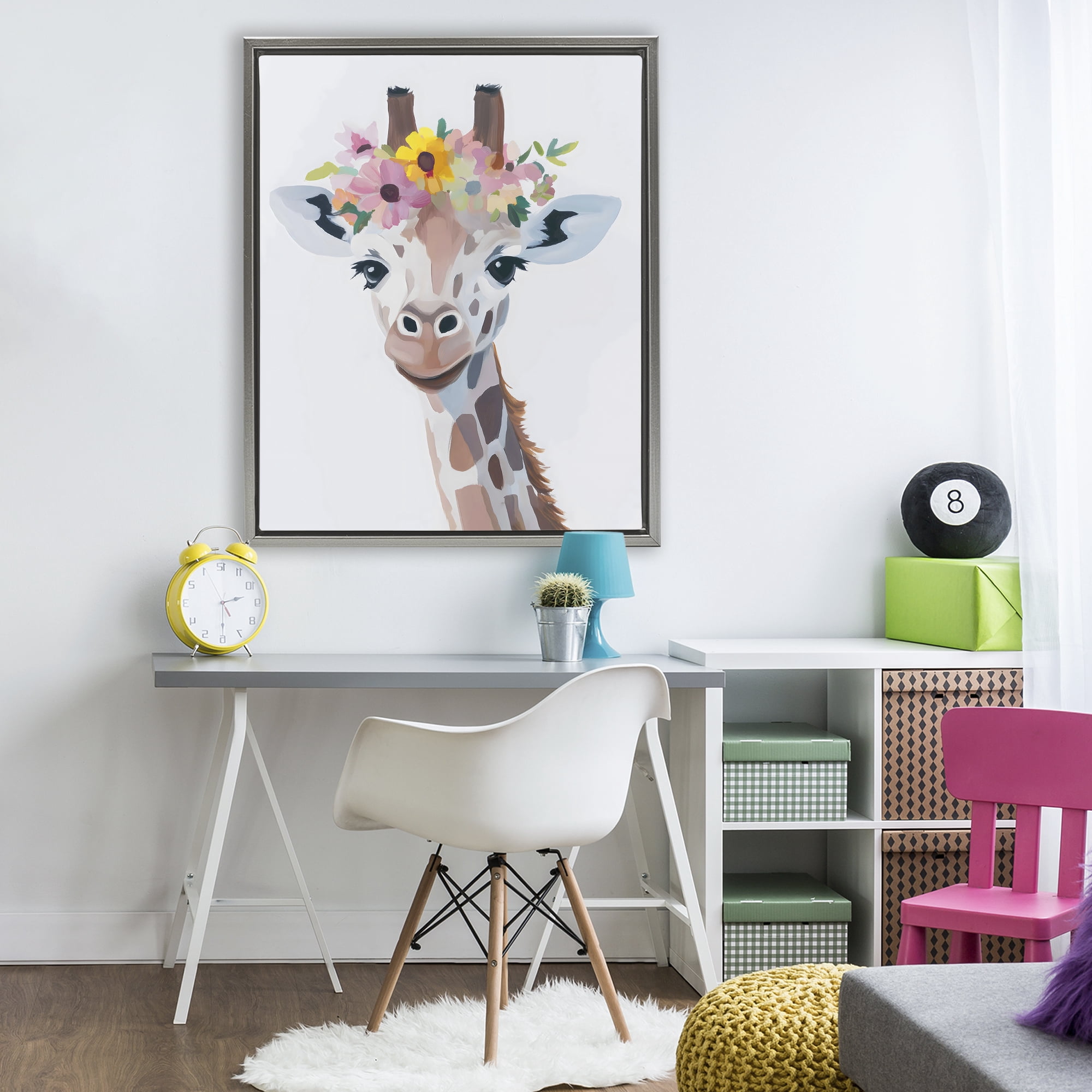 Stupell Industries Flower Crown Giraffe Gray Framed Floater Canvas Wall Art, design by The Prints Vibe