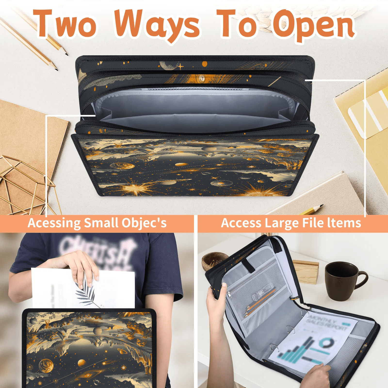 Herdesigns Galaxy Star Zipper Binder 1.5 Inch 3 D-Rings with Shoulder Strap & Handle, Waterproof Outer Space Binder Organizer Bag for 13 Inch Laptop