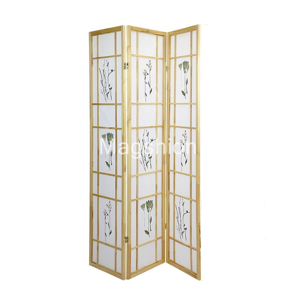 Oriental Room Divider Curtains Hardwood Shoji Panels Screen 3 Panel Small Flowered Natural
